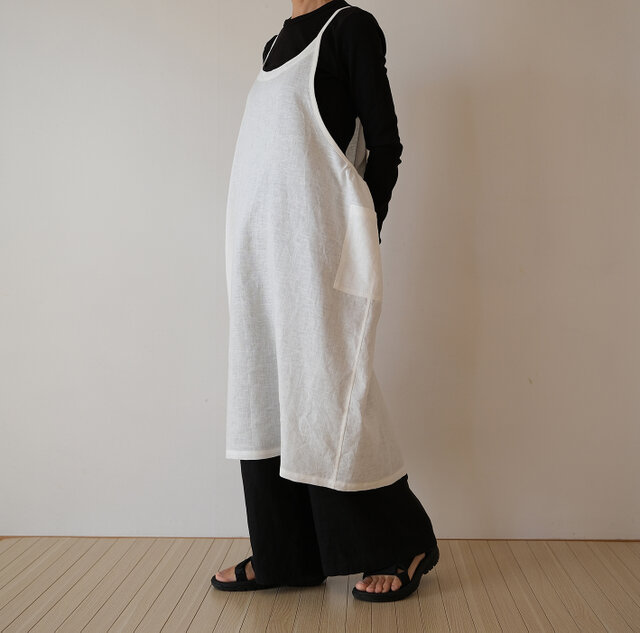 受注製作 リネン サイドギャザーエプロンワンピース オフホワイト