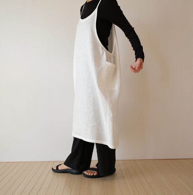 受注製作 リネン サイドギャザーエプロンワンピース オフホワイト