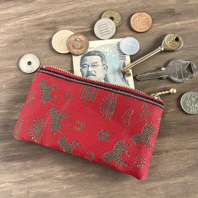 【おめでた柄】畳縁　ぺたんこ　ミニポーチ　カードケース　小銭入れ　数珠入れ　馬　アハルテケ　赤　金　縁起物　エ霞　松竹梅