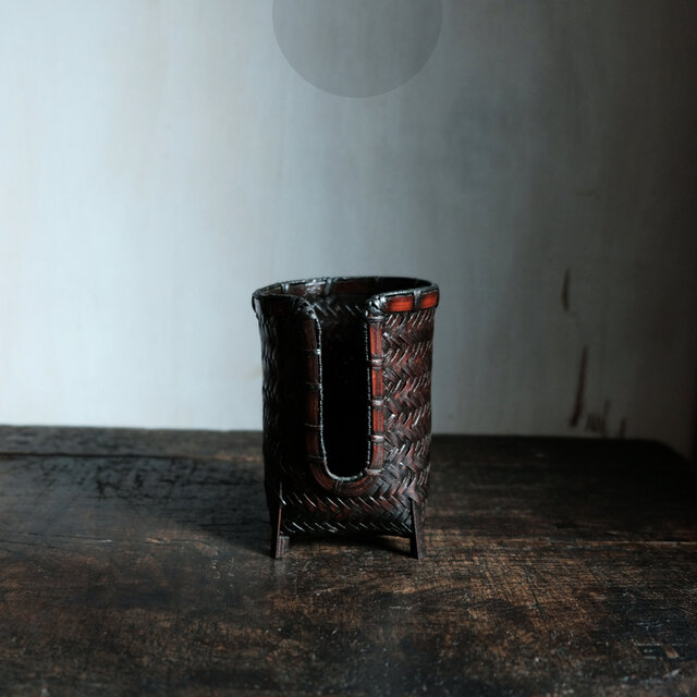 茶杯や猪口の収納に◆中国産　竹製 細工網代編 碗筒 茶杯入れ　猪口入れ　煎茶碗入 煎茶道具　古道具　古民家　i2