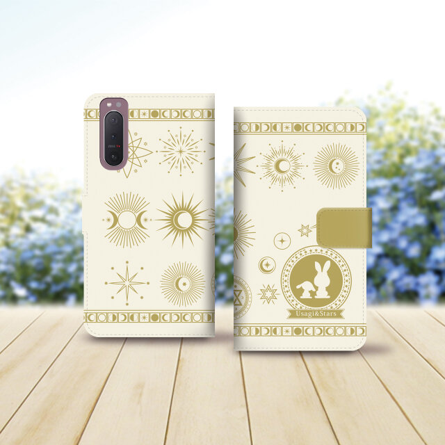 Android シンプル手帳型スマホケース（カメラ穴あり/はめ込みタイプ）【Usagi&Stars（うさぎ＆スターズ）】