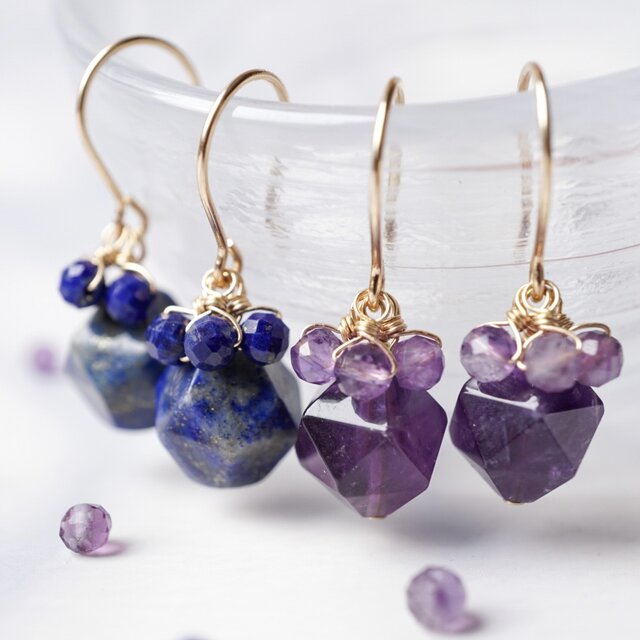 星影と月灯を集めて。ピアス イヤリング 天然石 誕生石 14kgf ラピスラズリ アメジスト 金属アレルギー対応