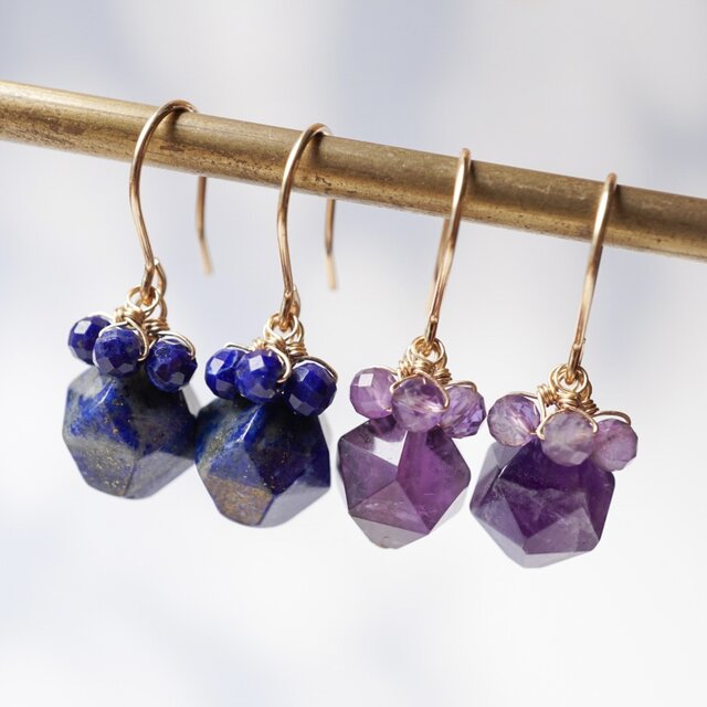 【827】ハンドメイド ピアス イヤリング 天然石 アメジスト  ゴールド 星影と月灯を集めて。ピアス イヤリング 天然石 誕生石 14kgf
