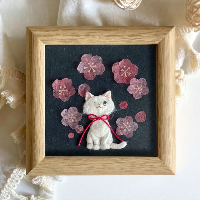 【縁起物】【ちぎり絵】「紅梅・白梅」(P 10サイズ)　暮らしに彩りを 原画］和紙ちぎり絵『紅梅と白猫』早春を告げる小さなインテリアアート