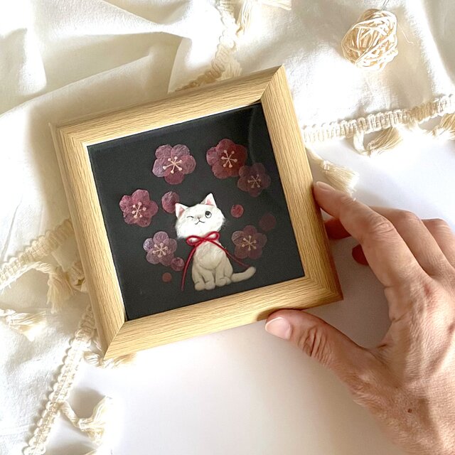 原画］和紙ちぎり絵『紅梅と白猫』早春を告げる小さなインテリアアート