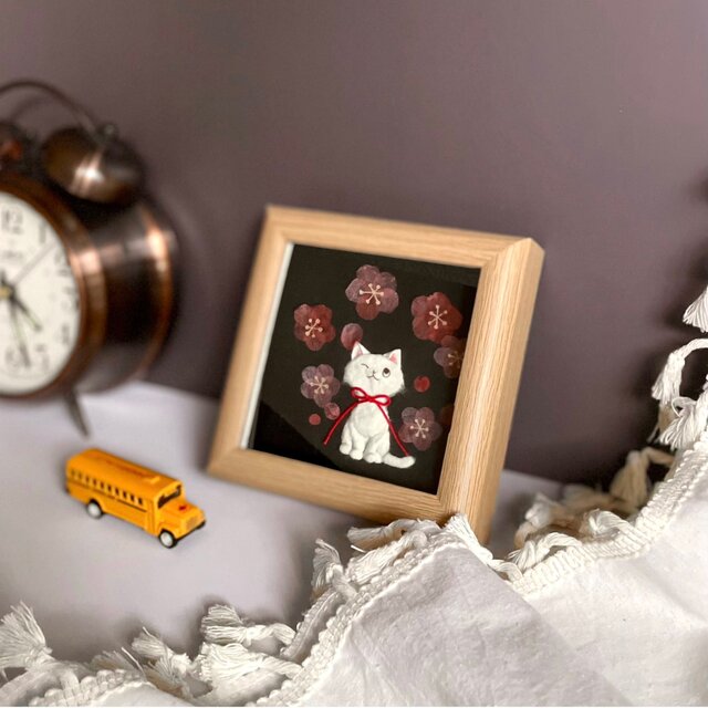 原画］和紙ちぎり絵『紅梅と白猫』早春を告げる小さなインテリアアート