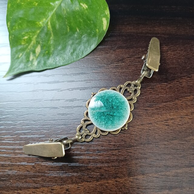 しっかりしたストールクリップ陶器  羽織留め 羽織紐 エメラルドグリーン(青緑) ハンドメイド No.326