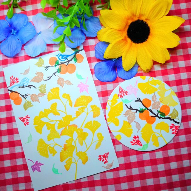 消しゴムはんこ「イチョウ・柿・カキ・小鳥・紅葉」15個