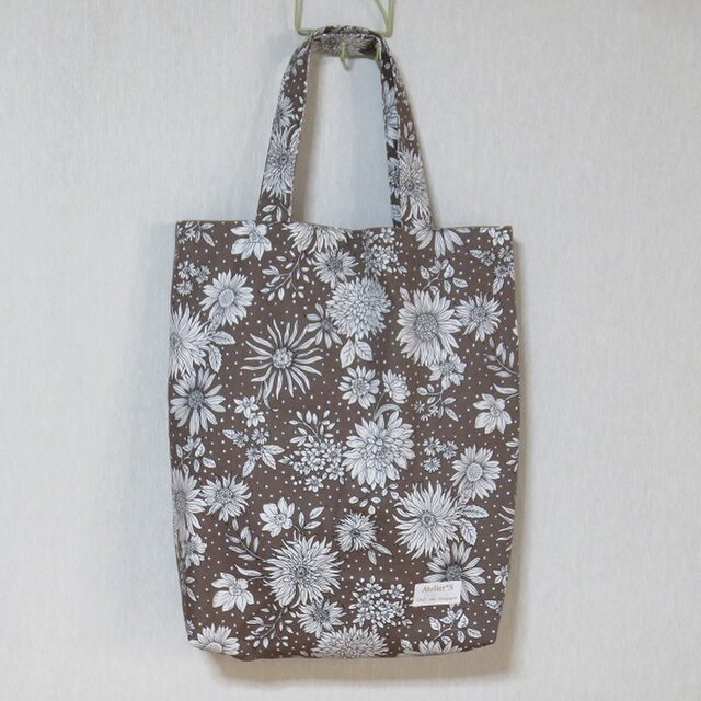やわらか縦長トートバッグ★A4★花柄（ブラウン）