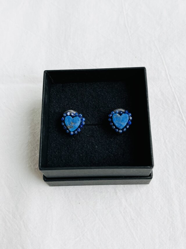 【天然石  Heartラピスラズリ×粒々ラピスラズリ】イヤリング