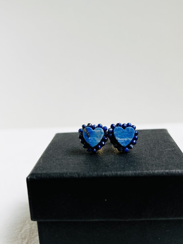 【天然石  Heartラピスラズリ×つぶつぶラピスラズリ】ピアス