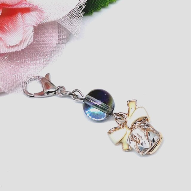 天然石＊アクアオーラ&リボン＊チャーム＊ストラップ＊キーホルダー＊イヤホンジャック＊お守り＊可愛い＊おしゃれ＊ミニ