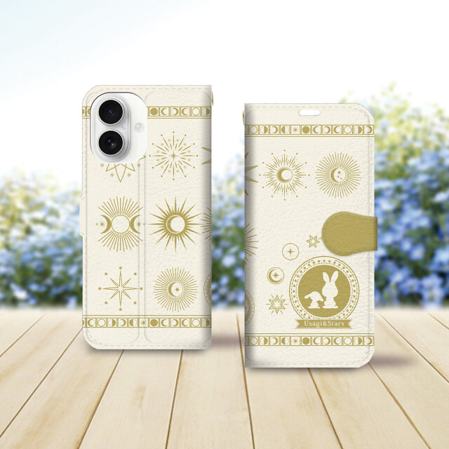 iPhone専用 手帳型スマホケース （カメラ穴あり/はめ込み式/スタンド機能付き）-Usagi&Stars（うさぎ＆スターズ）