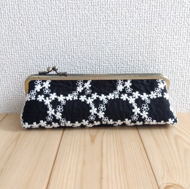 フランスアンティーク　がま口　ケース 花柄 がま口ペンケース（白×黒花 ）＊フランス生地 がま口