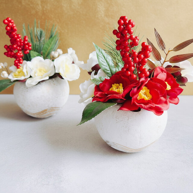 ハンドメイドアーティフィシャルフラワー　お正月飾りマム椿アレンジポット14 数量限定【お正月】椿とピンポンマムのお正月飾り しめ縄・しめ飾り