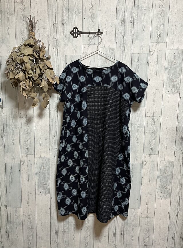 ☆  木綿の着物　書生絣・備後絣から　ヨーク切り替えフレアワンピース　着物リメイク♪