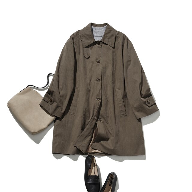 ロングシーズン着まわせる優秀アイテム　トレンチコート　ミドル丈コート　濃い茶色　251003-3