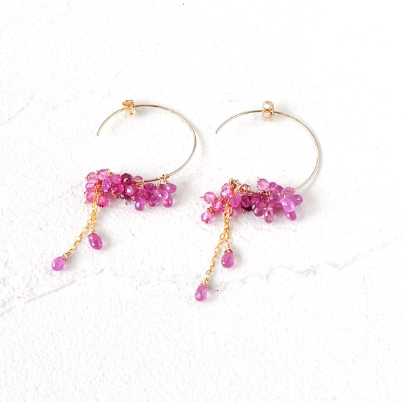 Fleur Rose — ピンクサファイアのブリオレットフープピアス 14kgf —