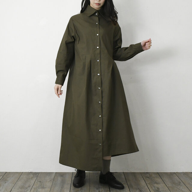 【完全一点物】アシンメトリータックワンピース（カーキ）