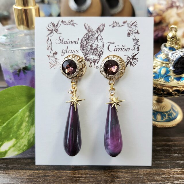 月唐草と雫のヴィンテージピアス パープルボルドー No.1152