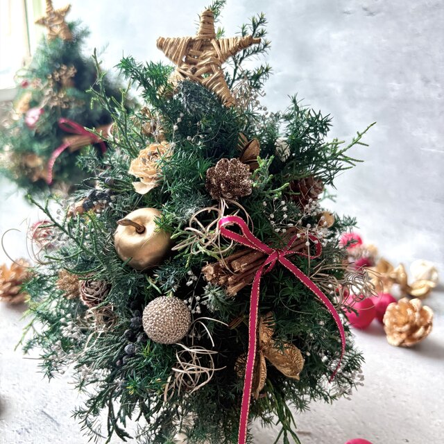 BOXつき） プリザーブドグリーンのクリスマスツリー｜木の実とゴールド