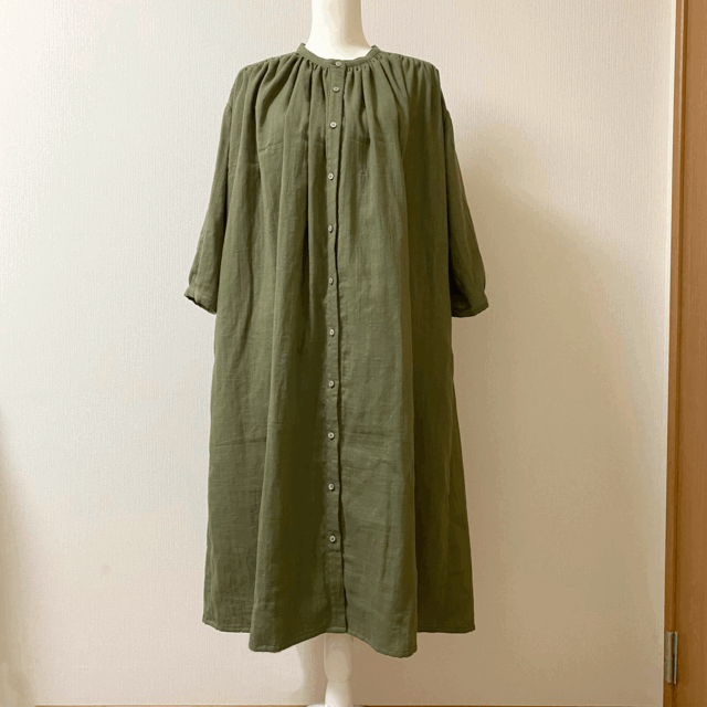 ＊LLサイズ＊ダブルガーゼのたっぷりギャザーワンピース（カーキ）