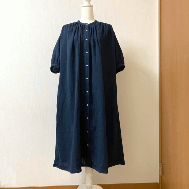 ＊Lサイズ＊ダブルガーゼのたっぷりギャザーワンピース（ネイビー）