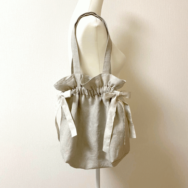 リネン生地の巾着風トートバッグ＊生成り＋アイボリー＊