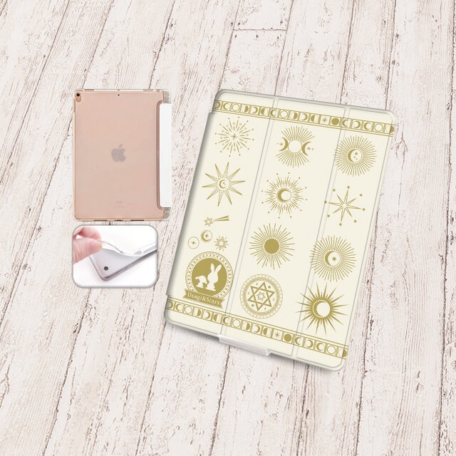 手帳型iPadケース【バックカバー：ソフトタイプ】片面印刷/カメラ穴有【Usagi&Stars（うさぎ＆スターズ）】