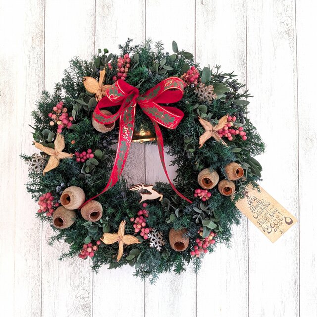 野バラの実やベルギーナッツを紡いだ　ベル付き　三日月　クリスマス　リース クリスマス早割企画】金色のベル付き / ナチュラルクリスマス