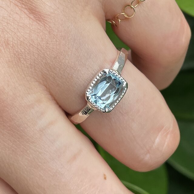 アクアマリン レクタングルmixカット 1.34ct ミル爪 シルバーSV925