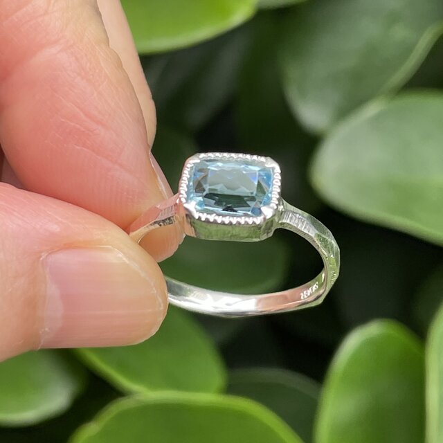 アクアマリン レクタングルmixカット 1.34ct ミル爪 シルバーSV925