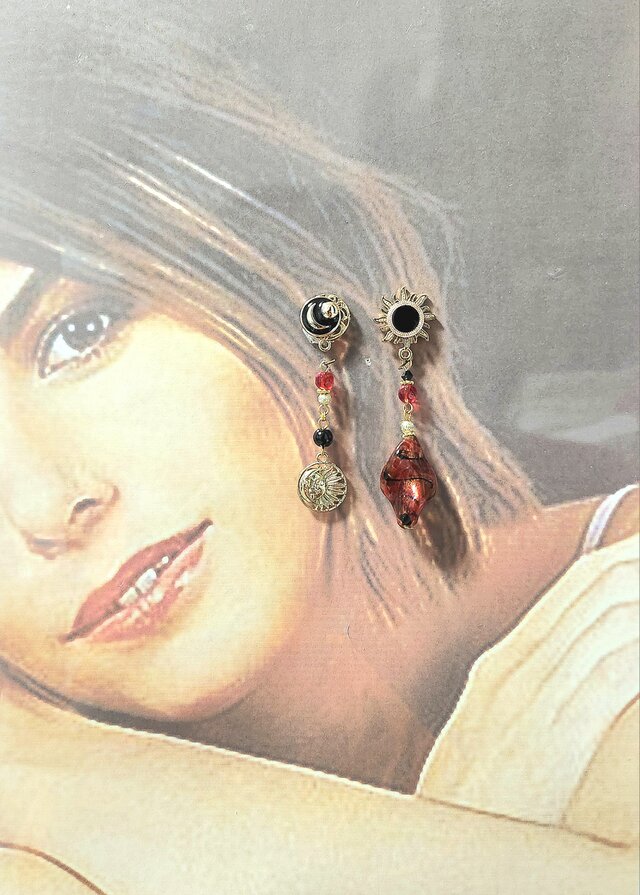 太陽と夜月☪︎アラビアンポストピアス レッド ハンドメイド No.1146