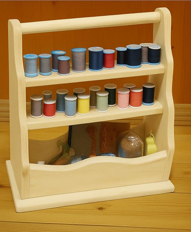 木製二段「取っ手付き糸立てスタンド３６」小物収納スペース付　新作です！