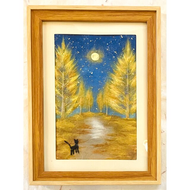 満月のイチョウ並木と黒猫｜秋の風景｜和紙ちぎり絵 原画