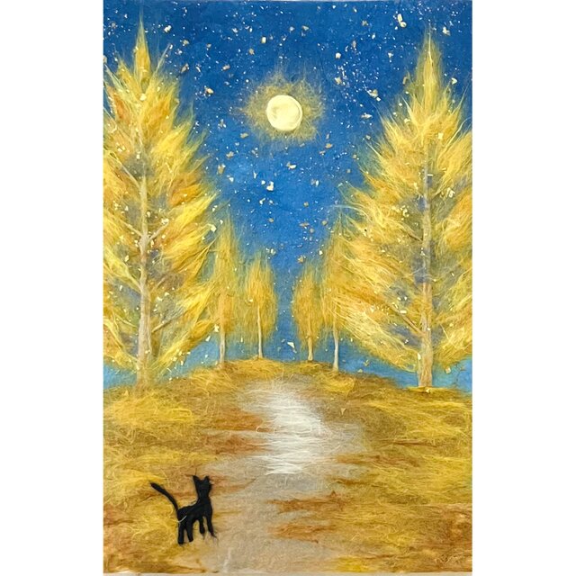 満月のイチョウ並木と黒猫｜秋の風景｜和紙ちぎり絵 原画 | iichi 日々