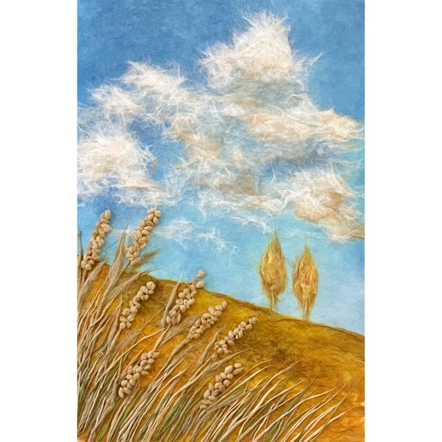 秋空の小麦畑の丘｜秋の風景｜和紙ちぎり絵 原画 | iichi 日々の