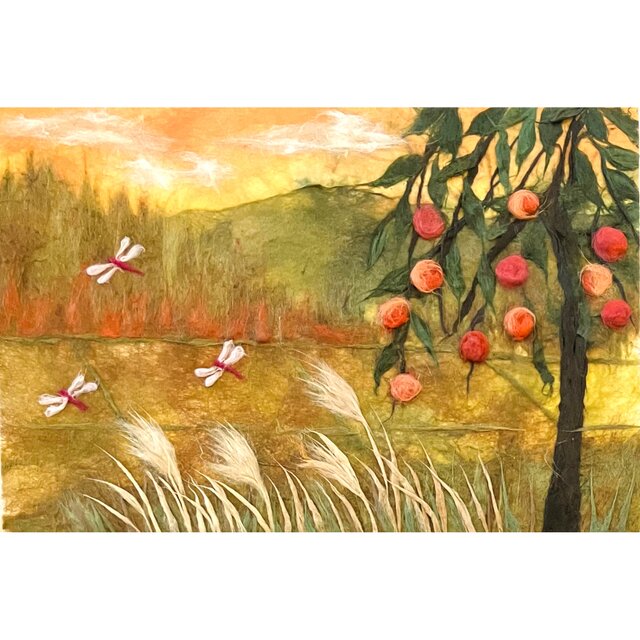 秋の里山と柿の木｜秋の風景｜和紙ちぎり絵 原画 | iichi 日々の暮らし