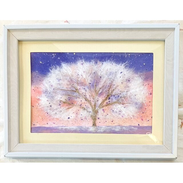 ふわふわの木（パープルピンク）｜キラキラ光るアート｜和紙ちぎり絵 原画