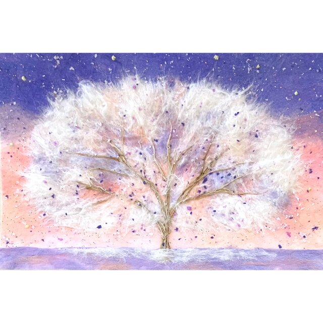 【和紙 水炭画】木・岩モチーフ／金彩風 和モダン作品 抽象画 木と風景 ピンク ふわふわの木（パープルピンク）｜キラキラ光るアート｜和紙ちぎり絵