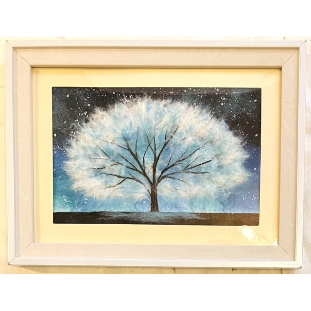 ふわふわの木（エメラルドブルー）｜キラキラ光るアート｜和紙ちぎり絵 原画