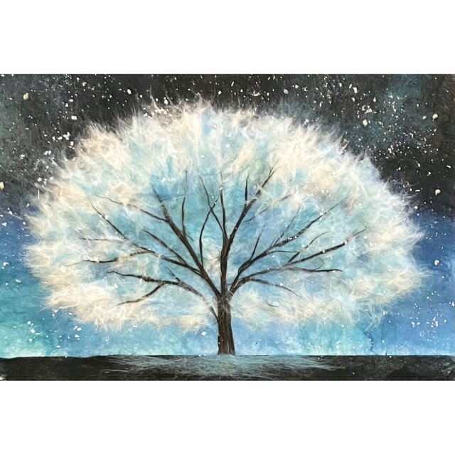 ふわふわの木（エメラルドブルー）｜キラキラ光るアート｜和紙