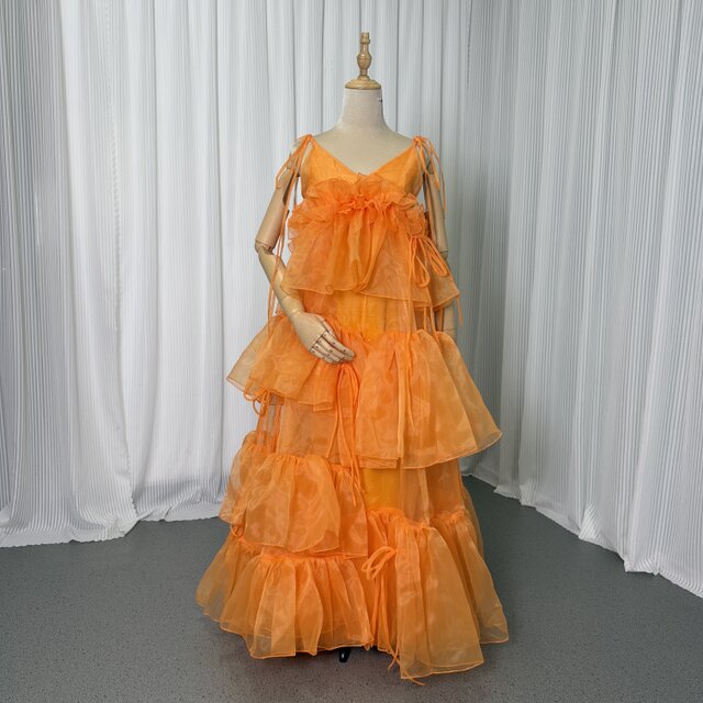 カラードレス オレンジ キャミソール Vネック アシンメトリードレス ロング 可愛い 花嫁 前撮り