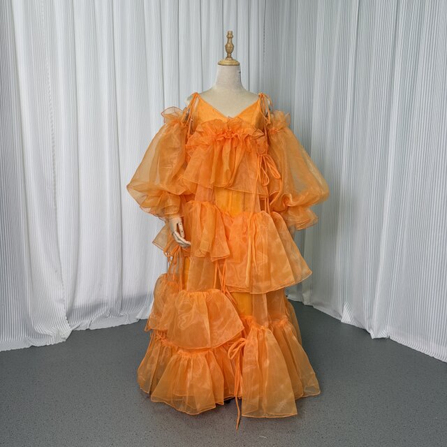 カラードレス オレンジ キャミソール Vネック 取り外し袖 アシンメトリードレス ロング 可愛い 花嫁 前撮り