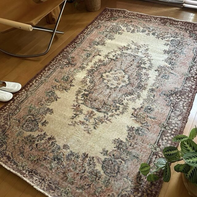 124×204ピンクベージュ×ブラウン 王道メダリオン トルコヴィンテージ