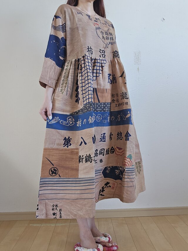 着物リメイク 手作り 柿渋染め 手ぬぐい ワンピース | iichi 日々の