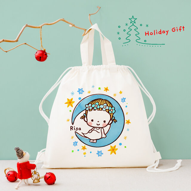 クリスマス☆ギフト☆名前入り ナップサック 名入れ 巾着 一升餅リュック 一升餅 ナップザック (星と月と花輪ちゃん )