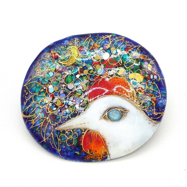 夜・幻想的な鳥の七宝焼ブローチ(シャガール風)【受注制作】