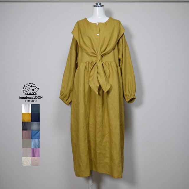 カラーリネン◆セーラーりぼんのふわっとワンピース　長袖◆マスタード◆フリーサイズ（中厚、リネン100％）