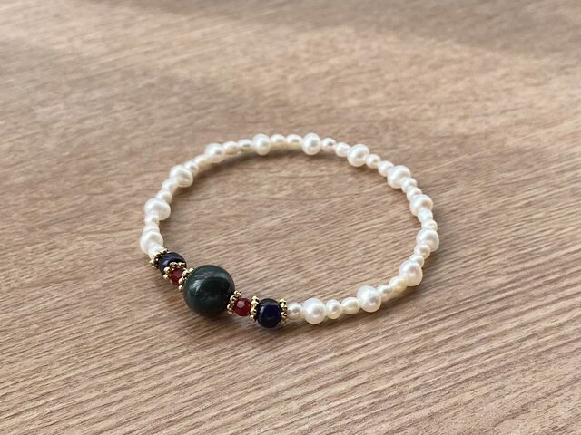 ヴィンテージ 天然石パールのブレスレット ビーズブレスレット No.141 ブラッドストーン 天然石 パール